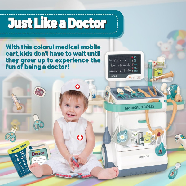 Doctor Medical Trolley Playset with 26 Accessories, Lights and