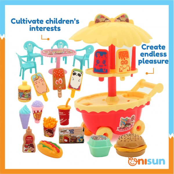 Children Ice Cream Cart Pretend Play Set with Fast Food Toy PGMall