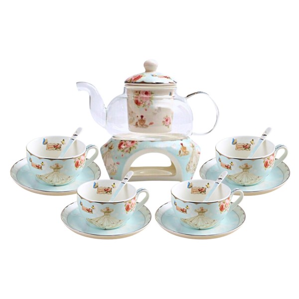 Princess English Tea Pot Set 4 Tea Set Cups Teapot Warmer Filter