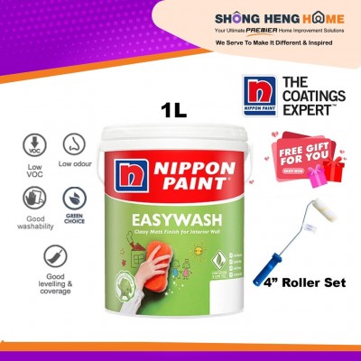 1L Nippon Paint Interior Wall Easy Wash Brilliant White 1001 + Freegift 4" Roller Set