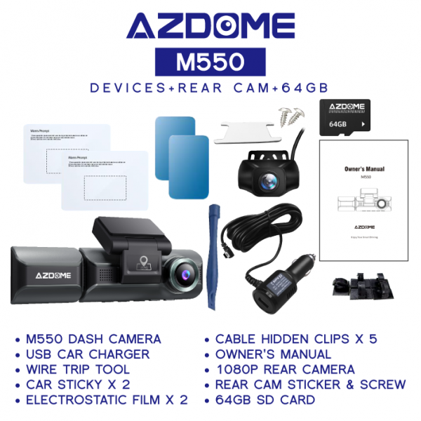 AZDOME M550 2160P/4K Ultra HD 3 Channel Front & Rear DashCam Night