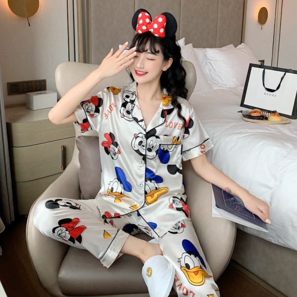 Disney Cute Silk Pajamas for Women Fall Home Suit Mickey Mouse