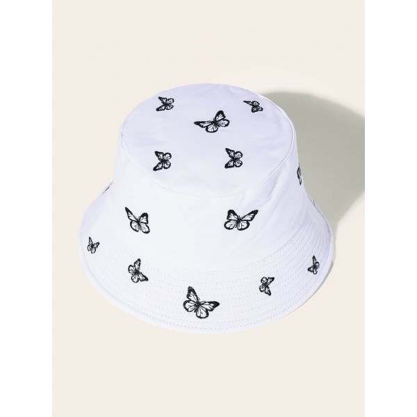 Butterfly Embroidered Bucket Hat White onesize PGMall