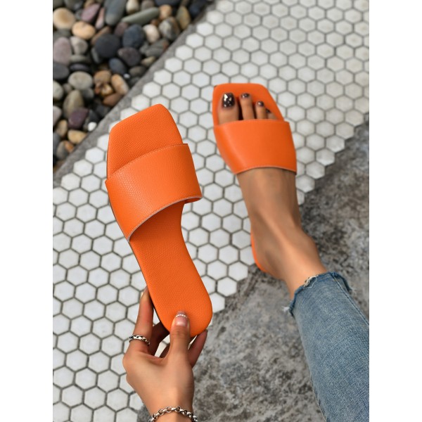 Women Stitch Detail Single Band Open Toe Slide Sandals, Funky Orange  Outdoor Flat Sandals Orange CN35 | PGMall