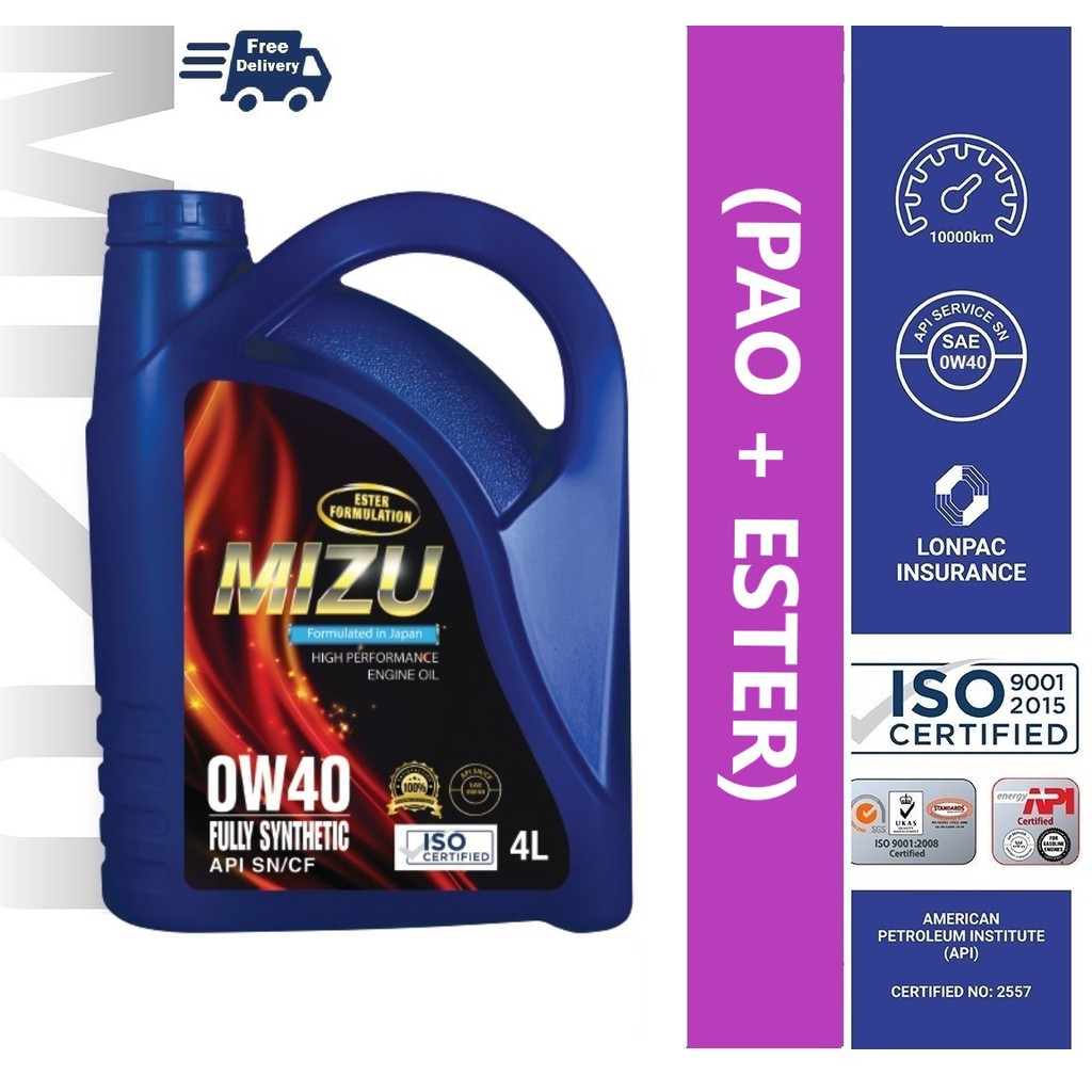 [PAO + ESTER] MIZU 0W40 Fully-Synthetic Engine Oil API licensed 4L minyak pelincir hitam bmw benz Ho