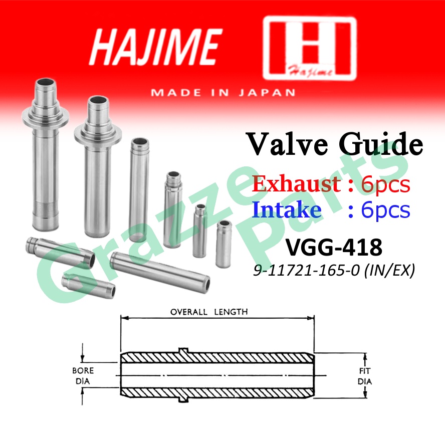 (12pc) Hajime Japan Engine Valve Guide VGG-418 for Isuzu Truck Lorry Bus 6QA1 D920 E110 (2 Key)