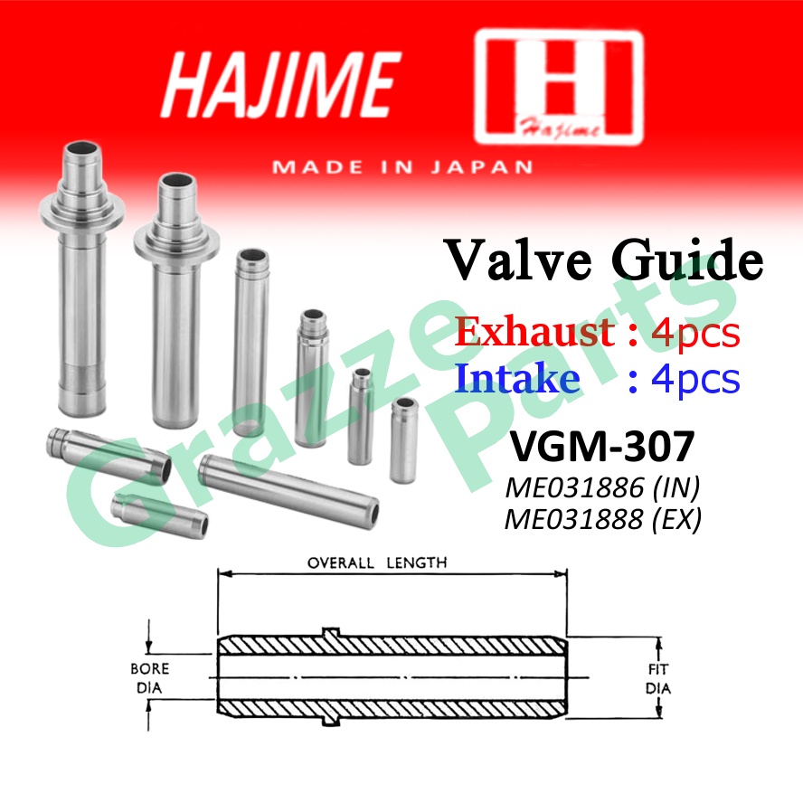 (8pc) Hajime Japan Engine Valve Guide VGM-307 for Mitsubishi Canter 4D30 4D31 4D32 4D33 4D34 4D35 6D