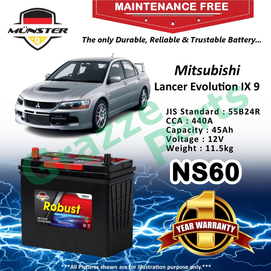 Münster Robust MF CMF NS60 | 55B24R (45AH) Car Battery Bateri Kereta for Mitsubishi Lancer Evo 9 F G