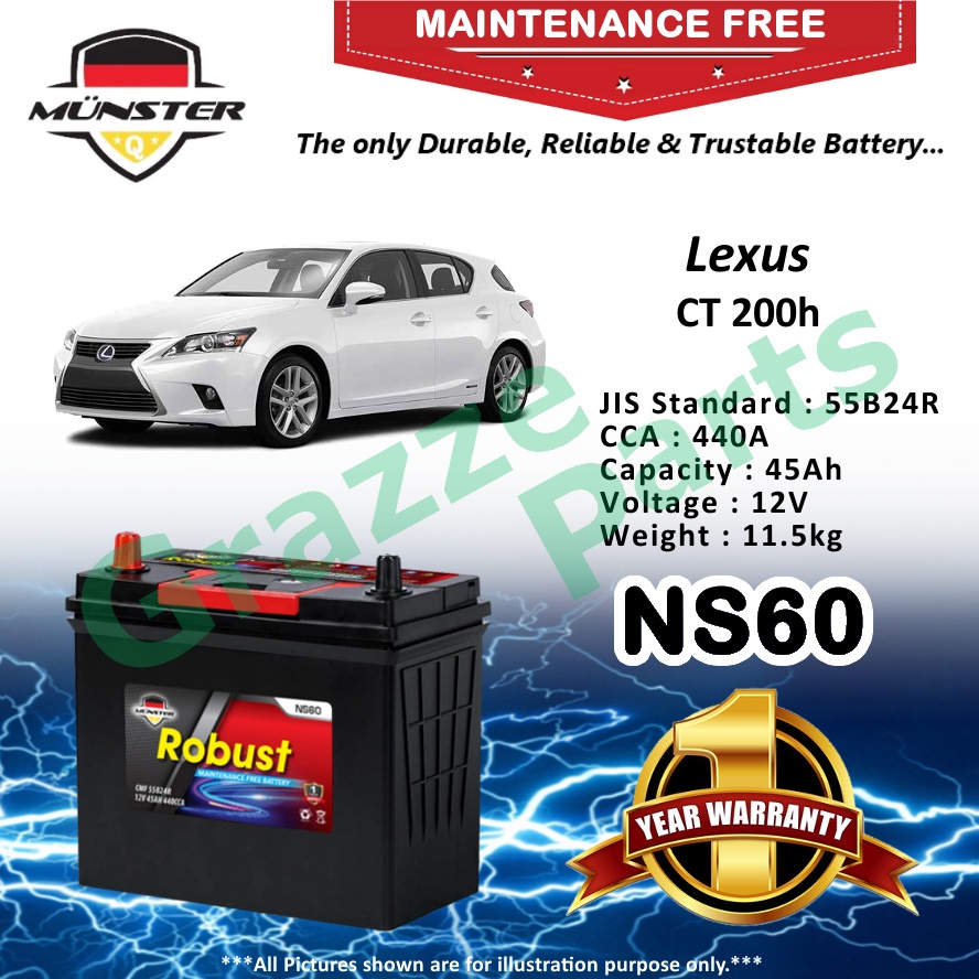 Münster Robust MF CMF NS60 | 55B24R (45AH) Car Battery Bateri Kereta for Lexus CT-200h CT200h CT 200