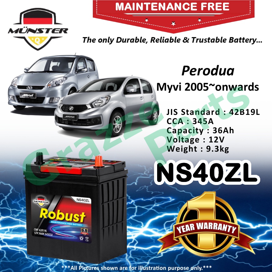 Münster Robust MF CMF NS40 | NS40ZL | 42B19L (36AH) Car Battery Bateri Kereta for Perodua Myvi 1.3 1