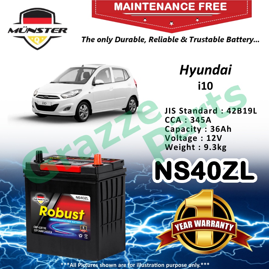Münster Robust MF CMF NS40 | NS40ZL | 42B19L (36AH) Car Battery Bateri Kereta for Hyundai i10 I10