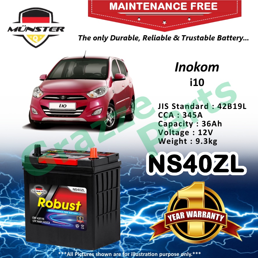 Münster Robust MF CMF NS40 | NS40ZL | 42B19L (36AH) Car Battery Bateri Kereta for Inokom i10 I10