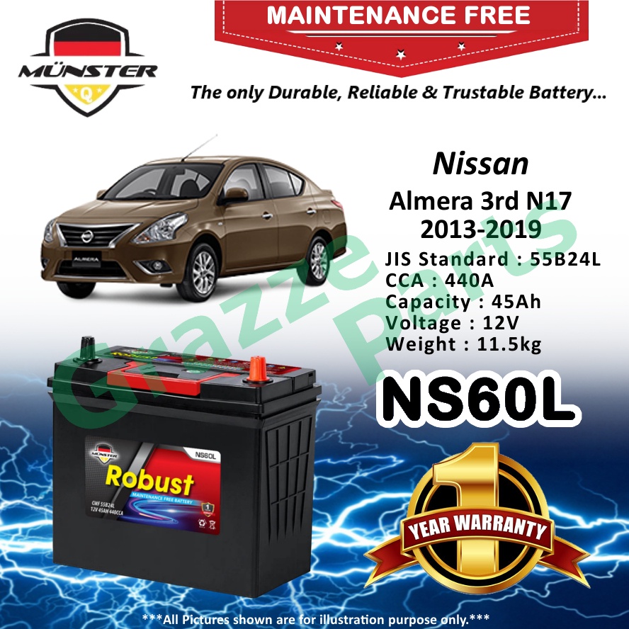 Münster Robust MF CMF NS60L | 55B24L (45AH) Car Battery Bateri Kereta for Nissan Almera 3rd N17 2013