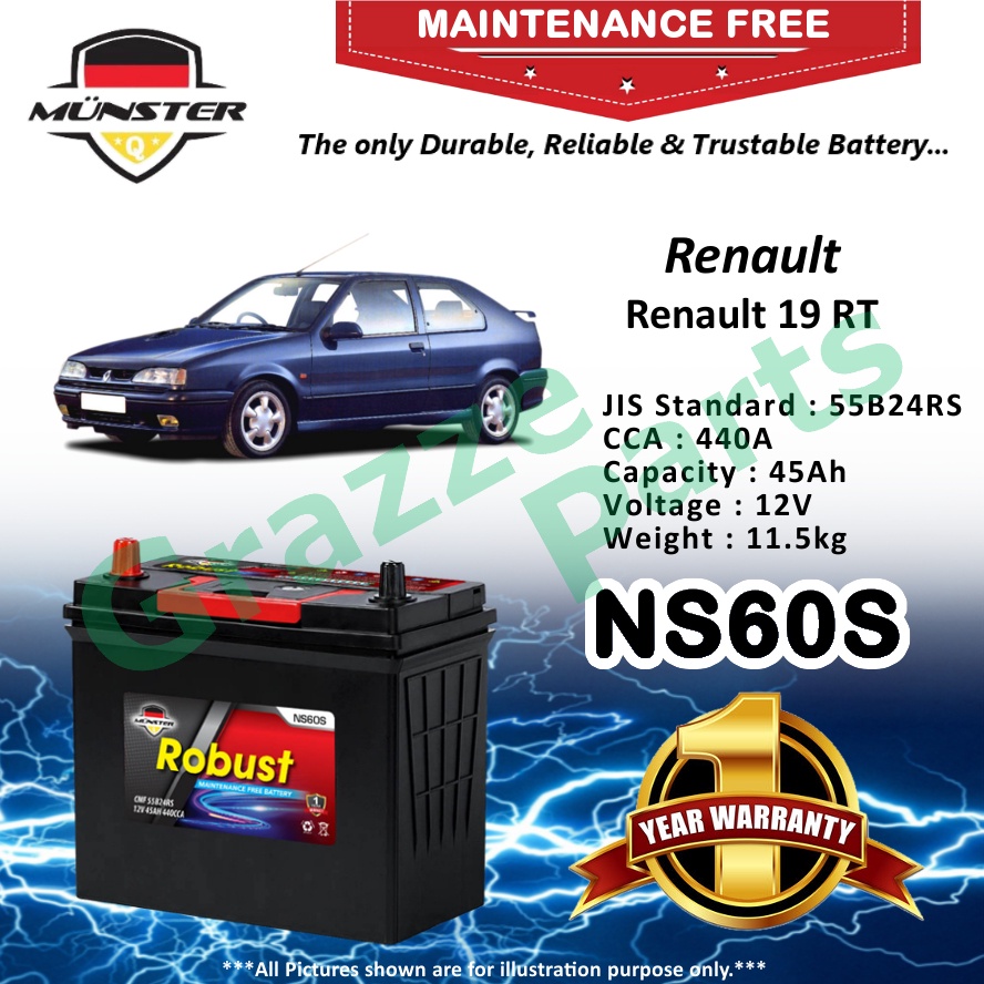 Münster Robust MF CMF NS60S | 55B24RS (45AH) Car Battery Bateri Kereta for Renault 19 RT 19RT TXE