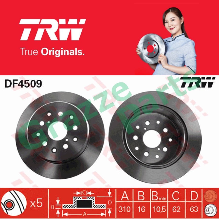 (2pc) TRW Disc Brake Rotor Rear for DF4509 Toyota Soarer UZZ40 Aristo UZZ40 JZS161 Altezza SXE10 5 H