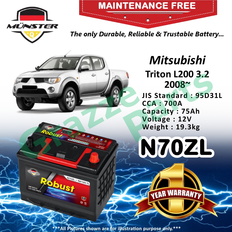 Münster Robust MF CMF N70Z | N70ZL | NX120-7L | 95D31L (75AH) Car Battery Bateri Kereta Mitsubishi T
