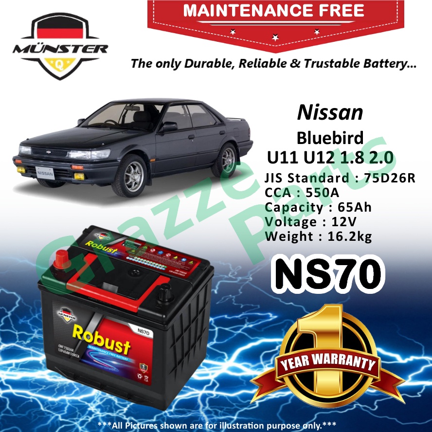 Münster Robust MF CMF NS70 | NS70R | 75D26R (65AH) Car Battery Bateri Kereta for NissanBlueBird Blue