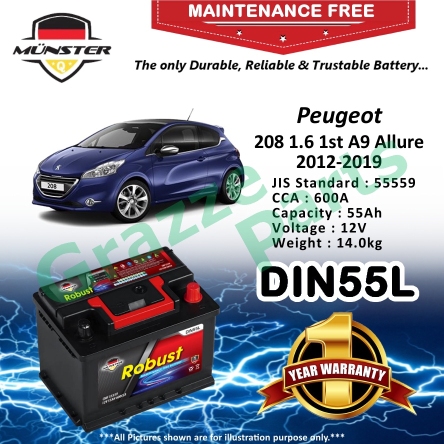 Münster Robust MF CMF DIN55 | DIN55L | 55559 (55AH) Car Battery Bateri Kereta Peugeot 208 1.6 1st I 