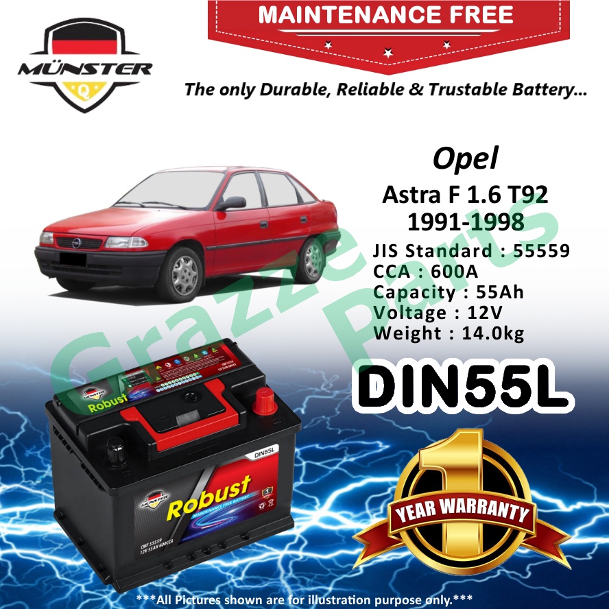 Münster Robust MF CMF DIN55 | DIN55L | 55559 (55AH) Car Battery Bateri Kereta for Opel Astra F 1.6 T