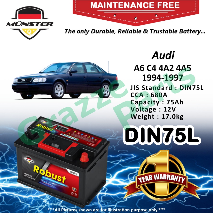 Münster Robust MF CMF DIN75 | DIN75L | 57539 (75AH) Car Battery Bateri Kereta for Audi A6 C4 4A2 4A5