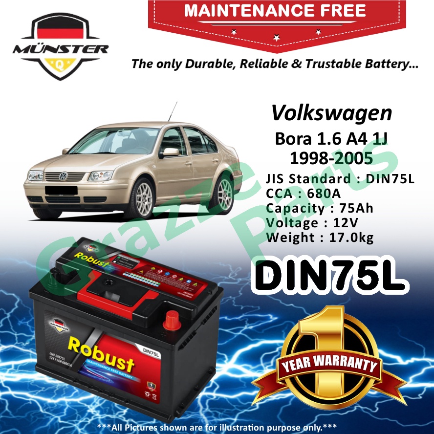 Münster Robust MF CMF DIN75 | DIN75L | 57539 (75AH) Car Battery Bateri Kereta for Volkswagen VW Bora