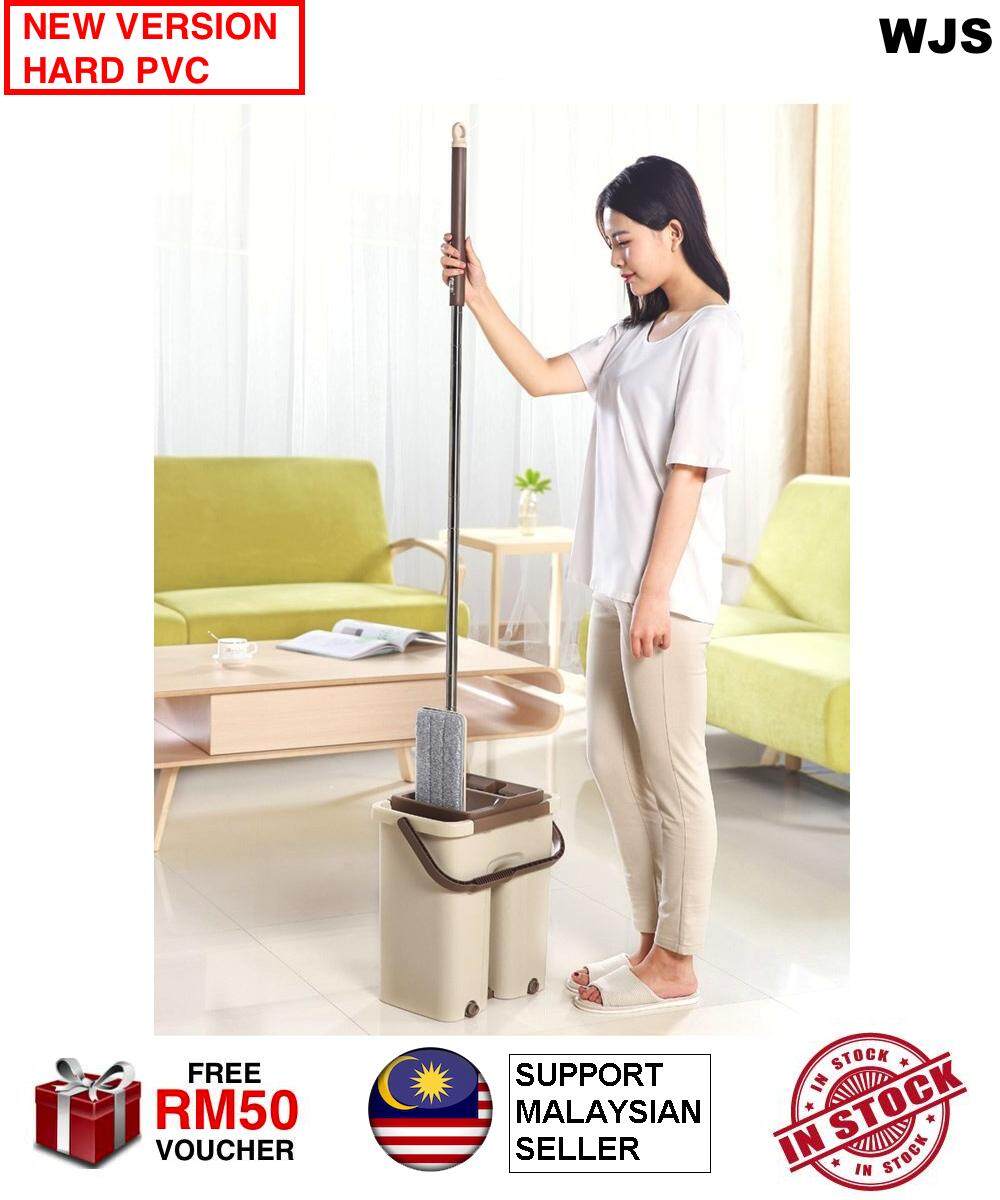 (EXTRA MOP CLOTH) WJS 2 in 1 Hands Free Wash Self-Wringing Microfibre Lazy Mop Flat Floor Stainless 