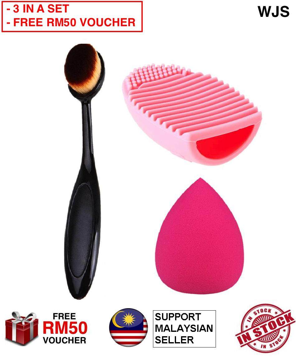 (3 IN A SET + HALAL BRUSH) WJS Make Up Blusher Powder Foundation Cosmetic Brush + Brush Washer Silic