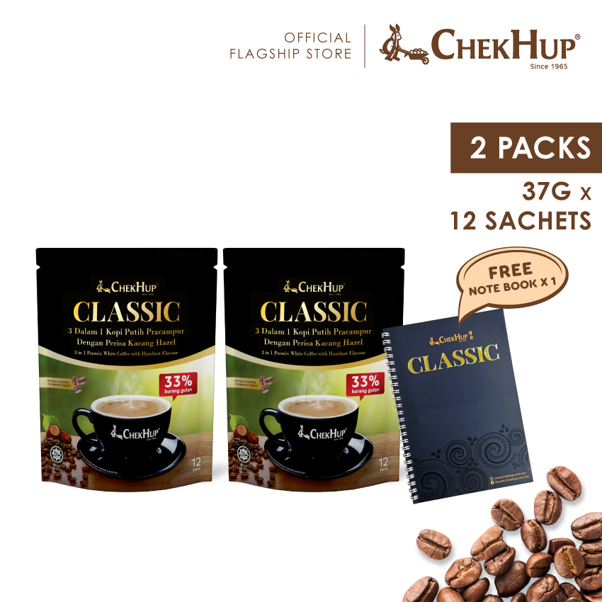 Chek Hup 3in1 Classic Colombian White Coffee with Hazelnut (33% Less Sugar) 37g x 12s [Bundle of 2]