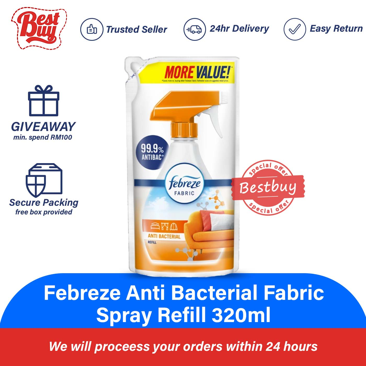 Febreze Anti Bacterial Fabric Spray Refill 320ml