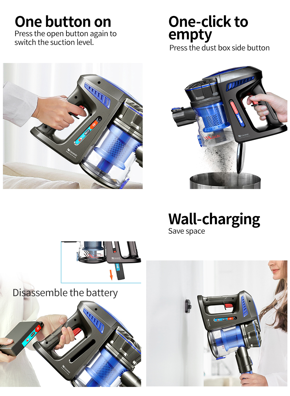 Proscenic P8 Handheld Cordless Vacuum Cleaner 7000 Pa Suction Power