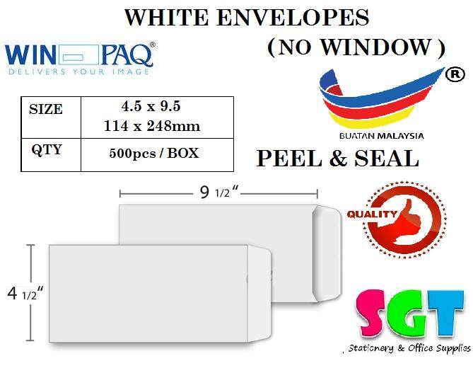 WINPAQ 4.5'' x 9.75'' 100G White Envelopes (PEEL & SEAL) 500pcs/Box