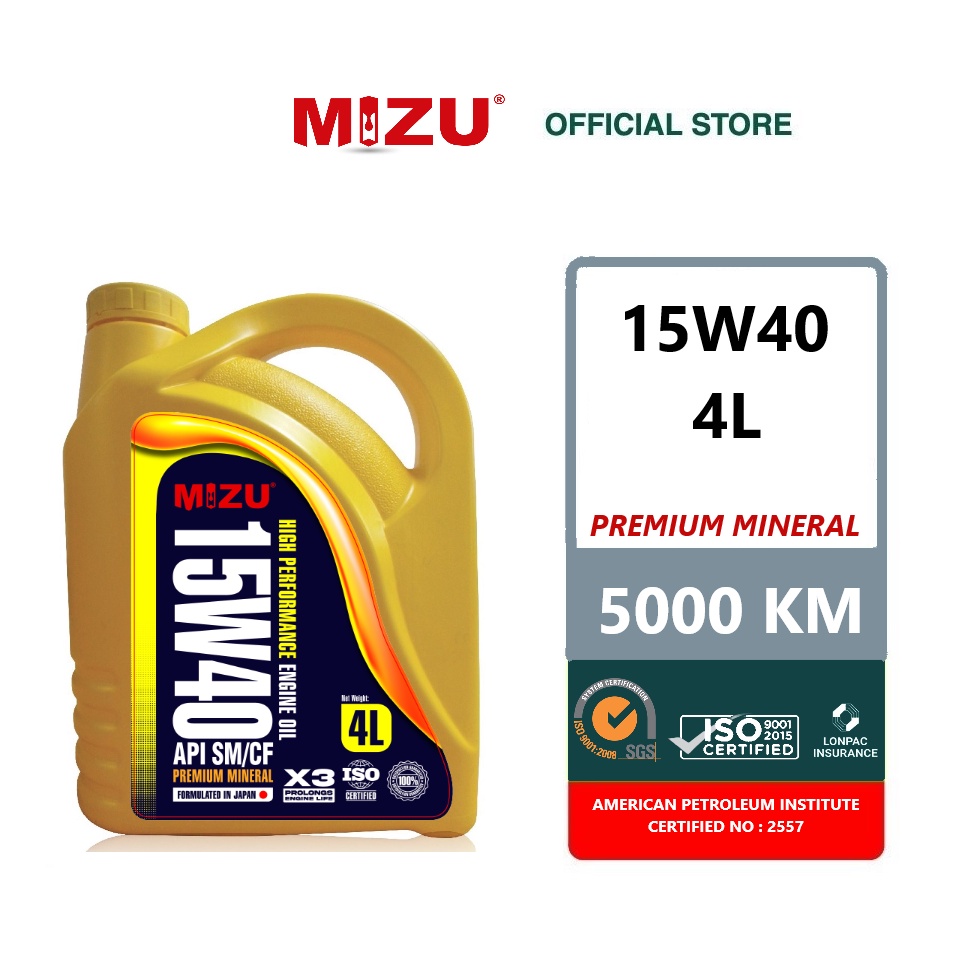 Mizu Premium Mineral Lubricant 15W-40 Car Engine Oil - 4 litres [ Limited Promotion ][ with Free 1 p