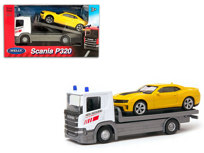 1:57 Scania P320 Car Carrier Flatbed Truck w/ Chevrolet Camaro ZL1 Metal toy Diecast Model Car