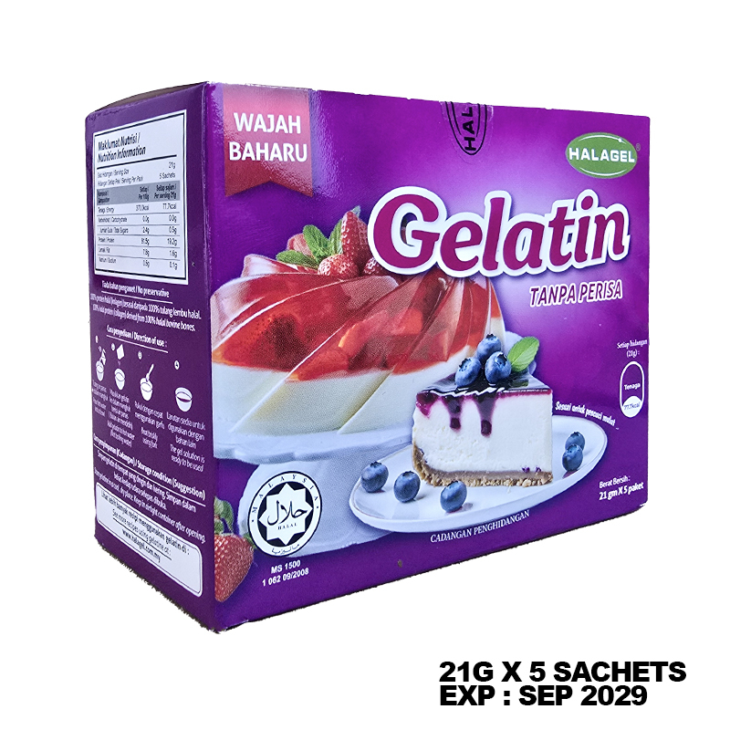 Halagel Edible Gelatin Box (Bovine) 105gm (5 sachet) Unflavored Gelatin Halal Tanpa Perisa Sesuai un