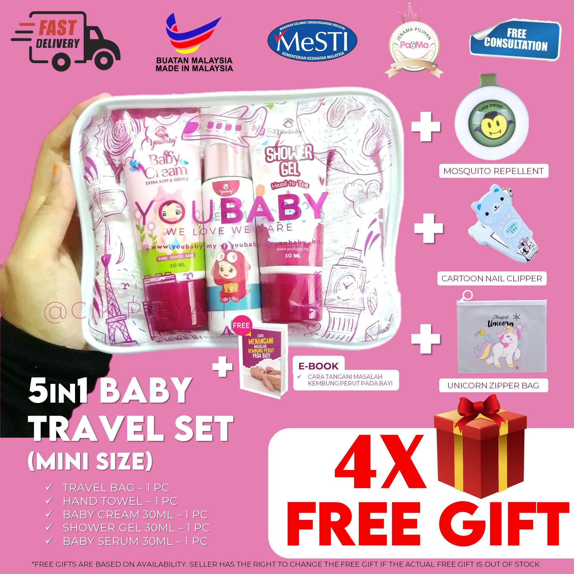 [4 FREEGIFT] YOUBABY 5in1 Mini Size Baby Bath Travel Set With Bag Free Towel Krim Bayi Cream Shower 