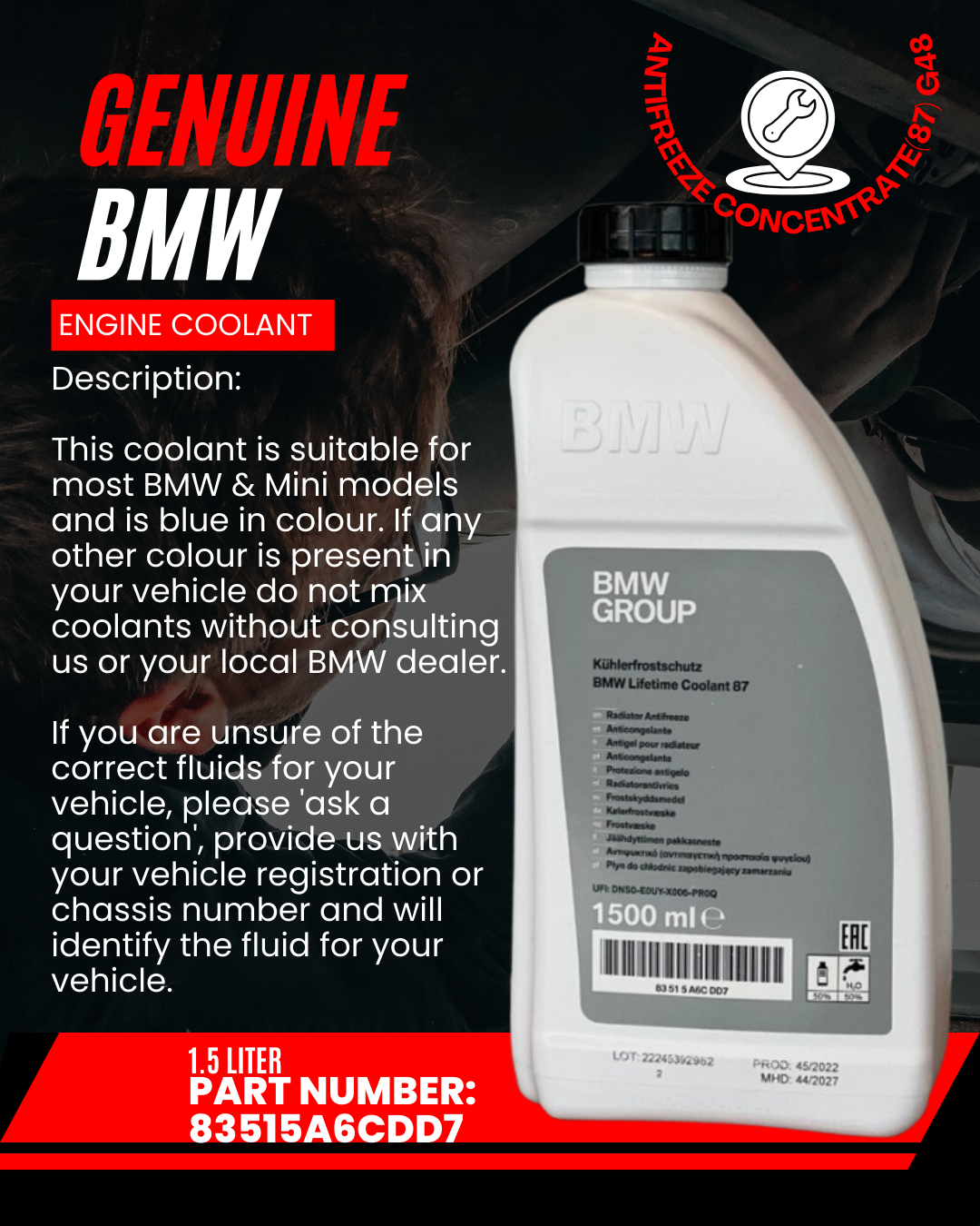Genuine BMW Engine Coolant Antifreeze Concentrate(87) G48 1.5 Liter 83515A6CDD7