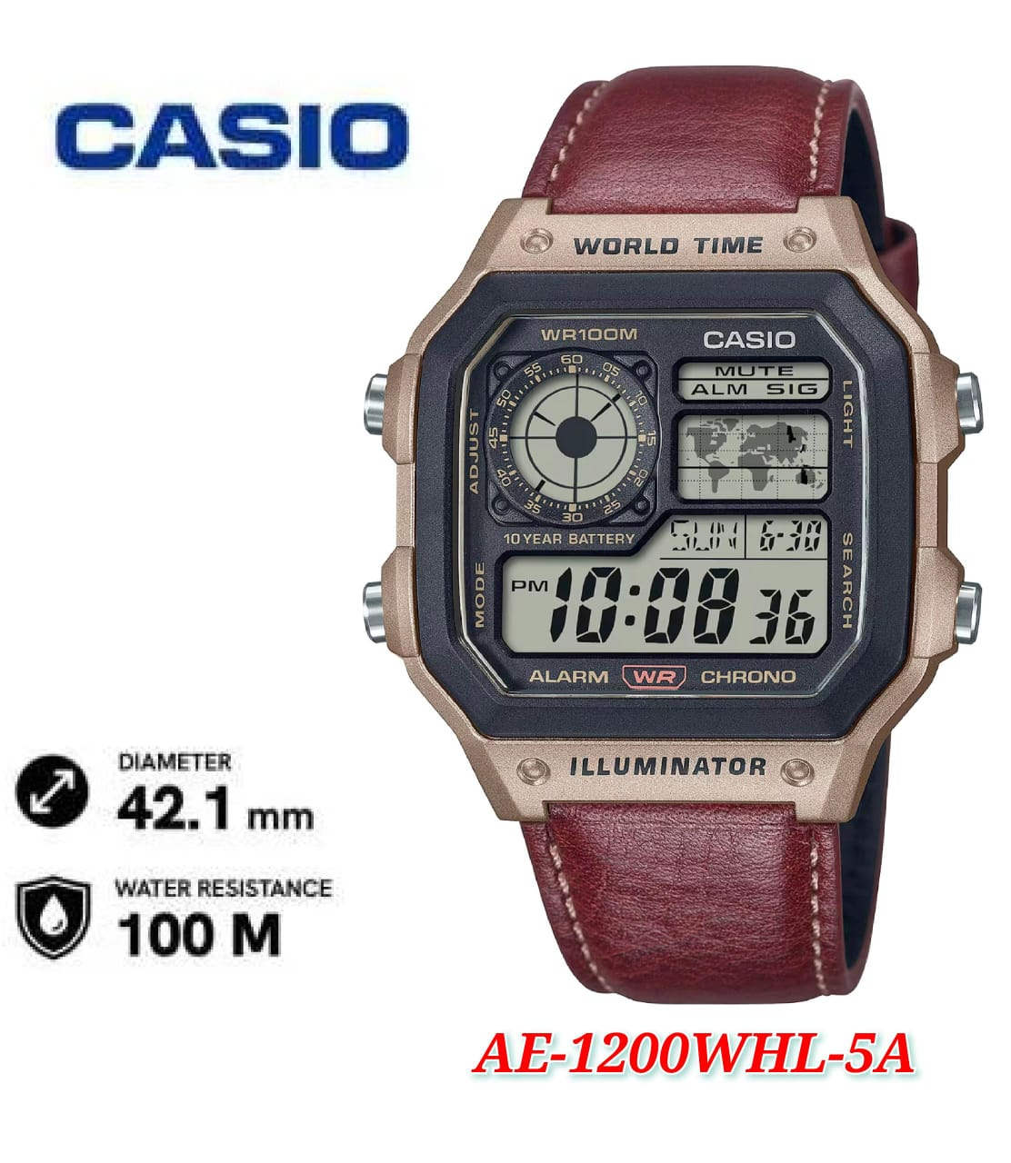 Casio Standard Men's AE-1200WHL Watch, Leather Strap, Model AE-1200WH - Brown (AE-1200WHL-5A)
