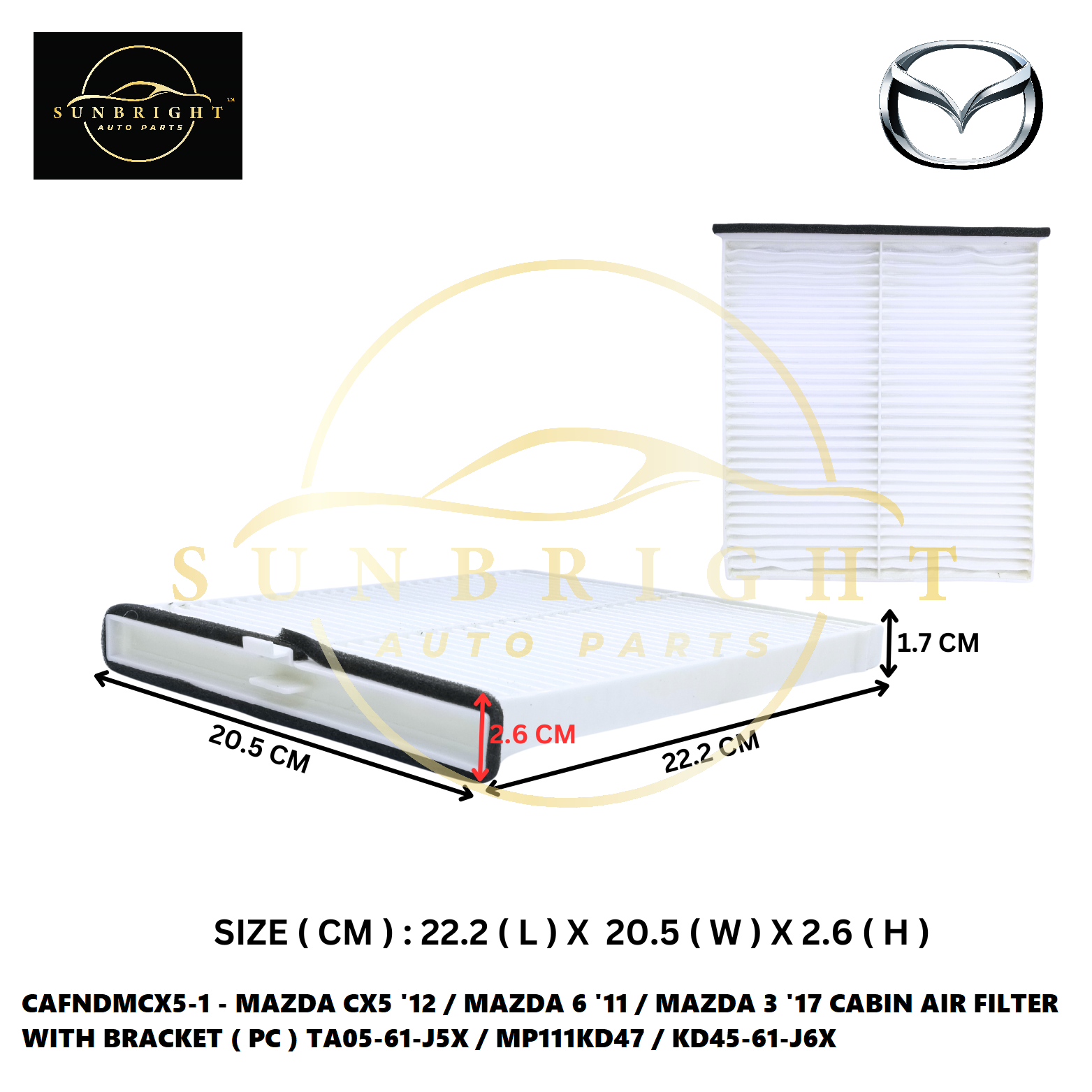 MAZDA CX5 '12 / MAZDA 6 '11 / MAZDA 3 '17 CABIN AIR FILTER WITH BRACKET ( PC ) TA05-61-J5X / MP111KD