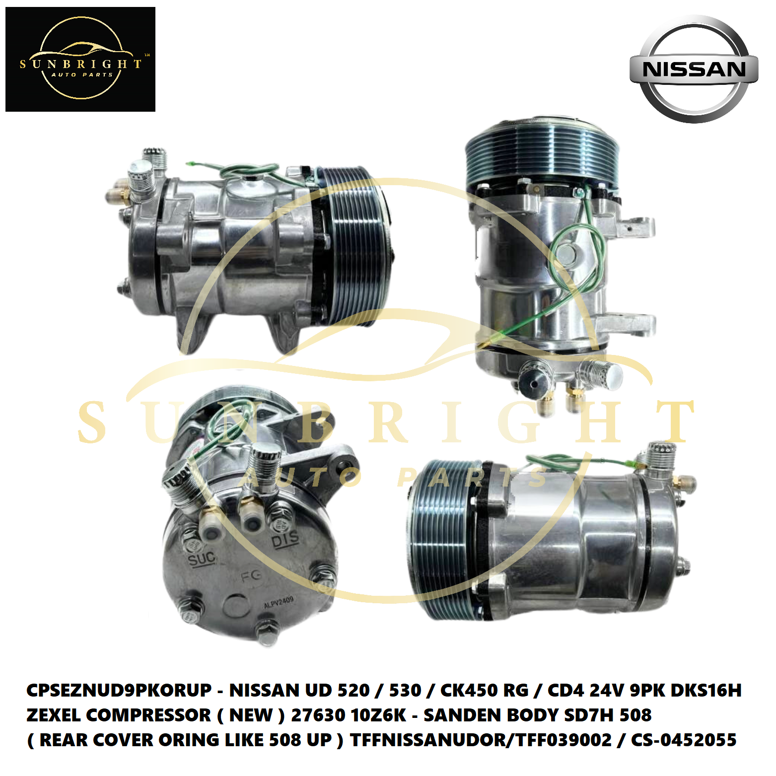 NISSAN UD 520 / 530 / CK450 RG / CD4 24V 9PK DKS16H ZEXEL COMPRESSOR ( NEW ) 27630 10Z6K - SANDEN BO