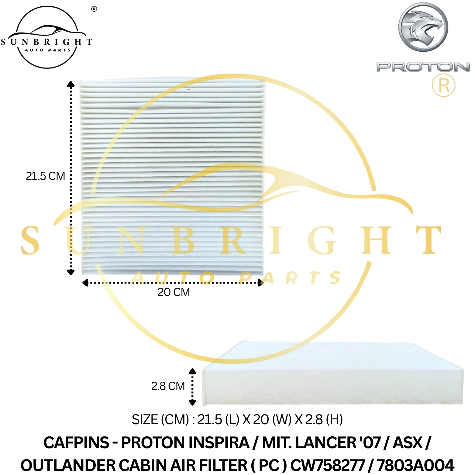 PROTON INSPIRA / MIT. LANCER '07 / ASX / OUTLANDER CABIN AIR FILTER ( PC ) CW758277 / 7803A004