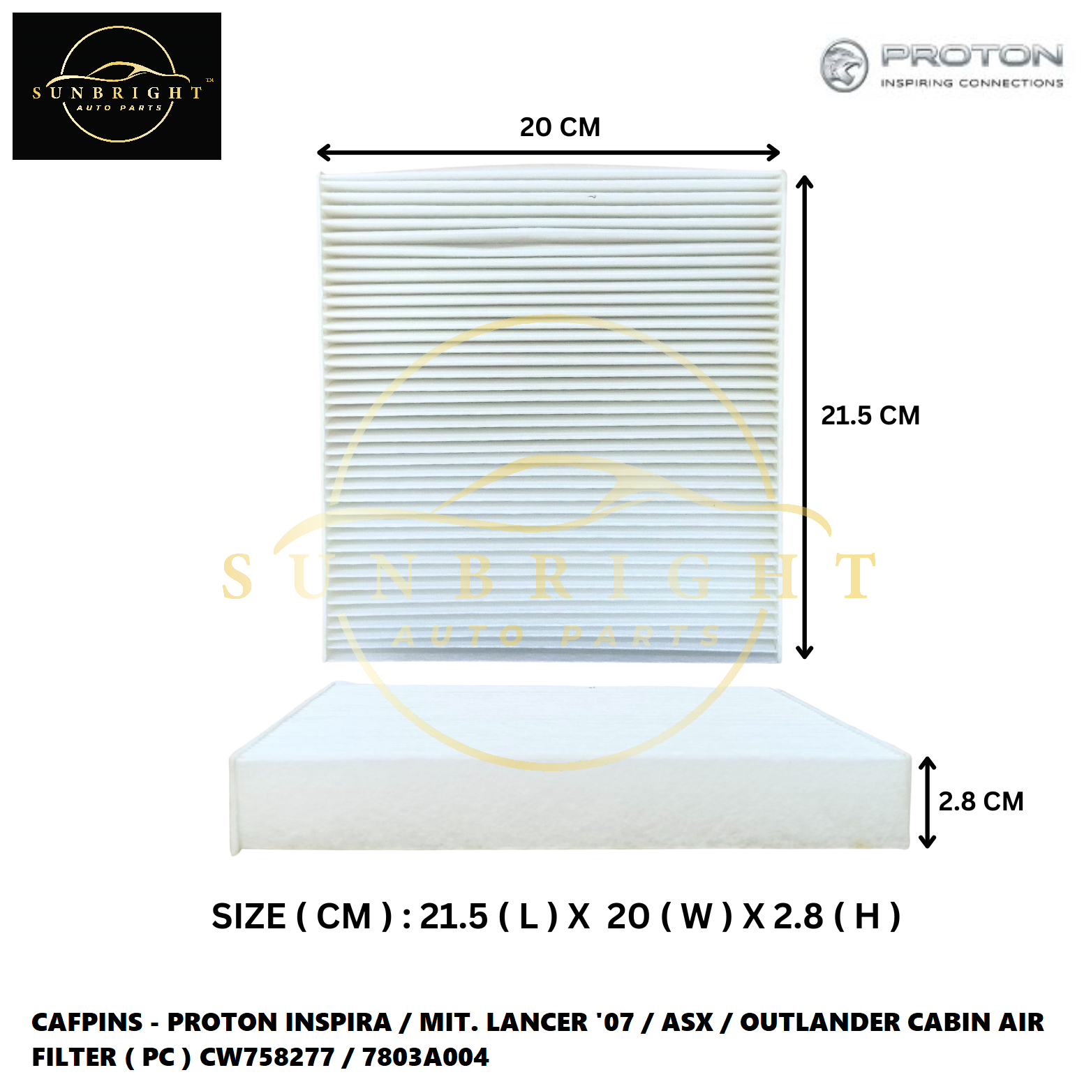 PROTON INSPIRA / MIT. LANCER '07 / ASX / OUTLANDER CABIN AIR FILTER ( PC ) CW758277 / 7803A004
