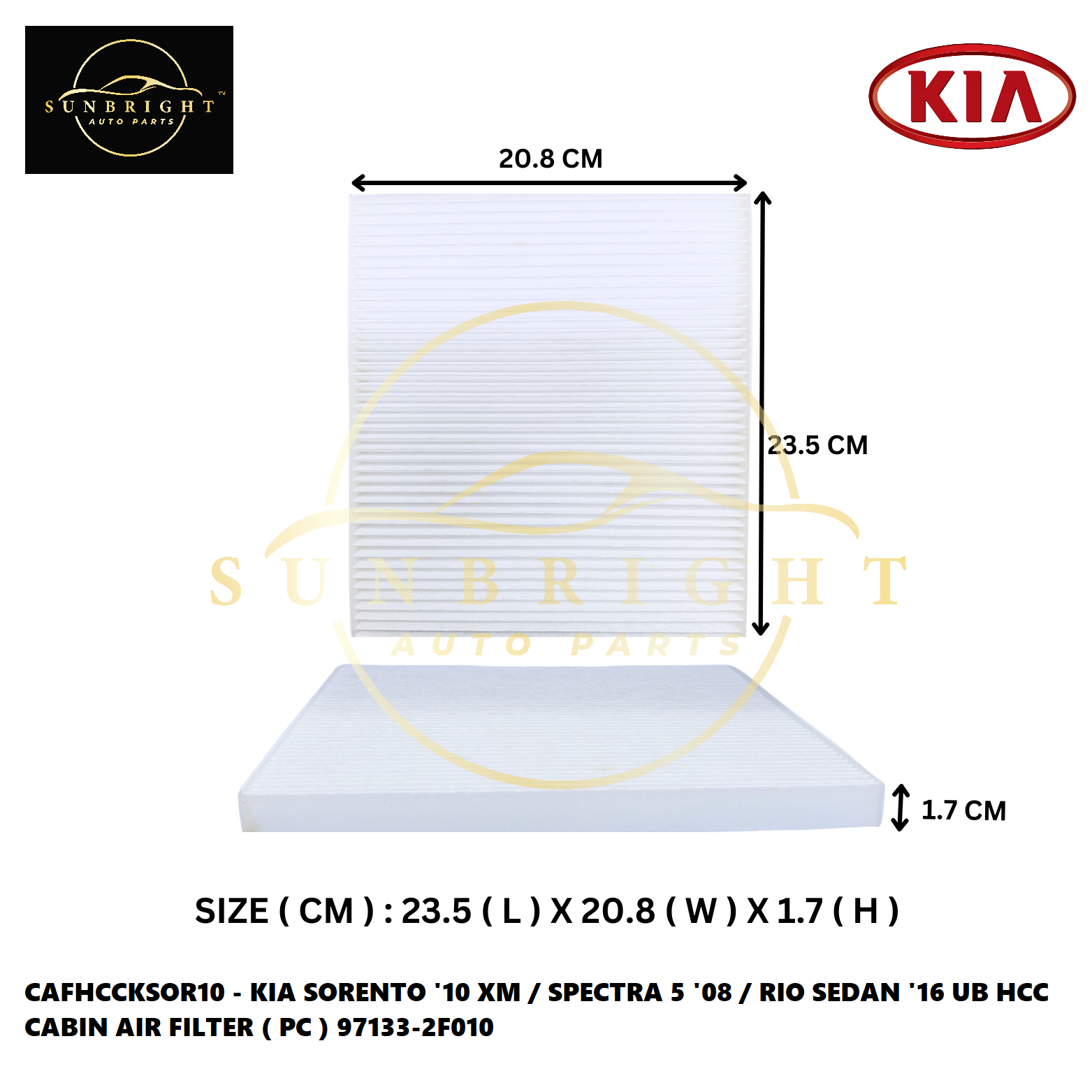 KIA SORENTO '10 XM / SPECTRA 5 '08 / RIO SEDAN '16 UB HCC CABIN AIR FILTER ( PC ) 97133-2F010
