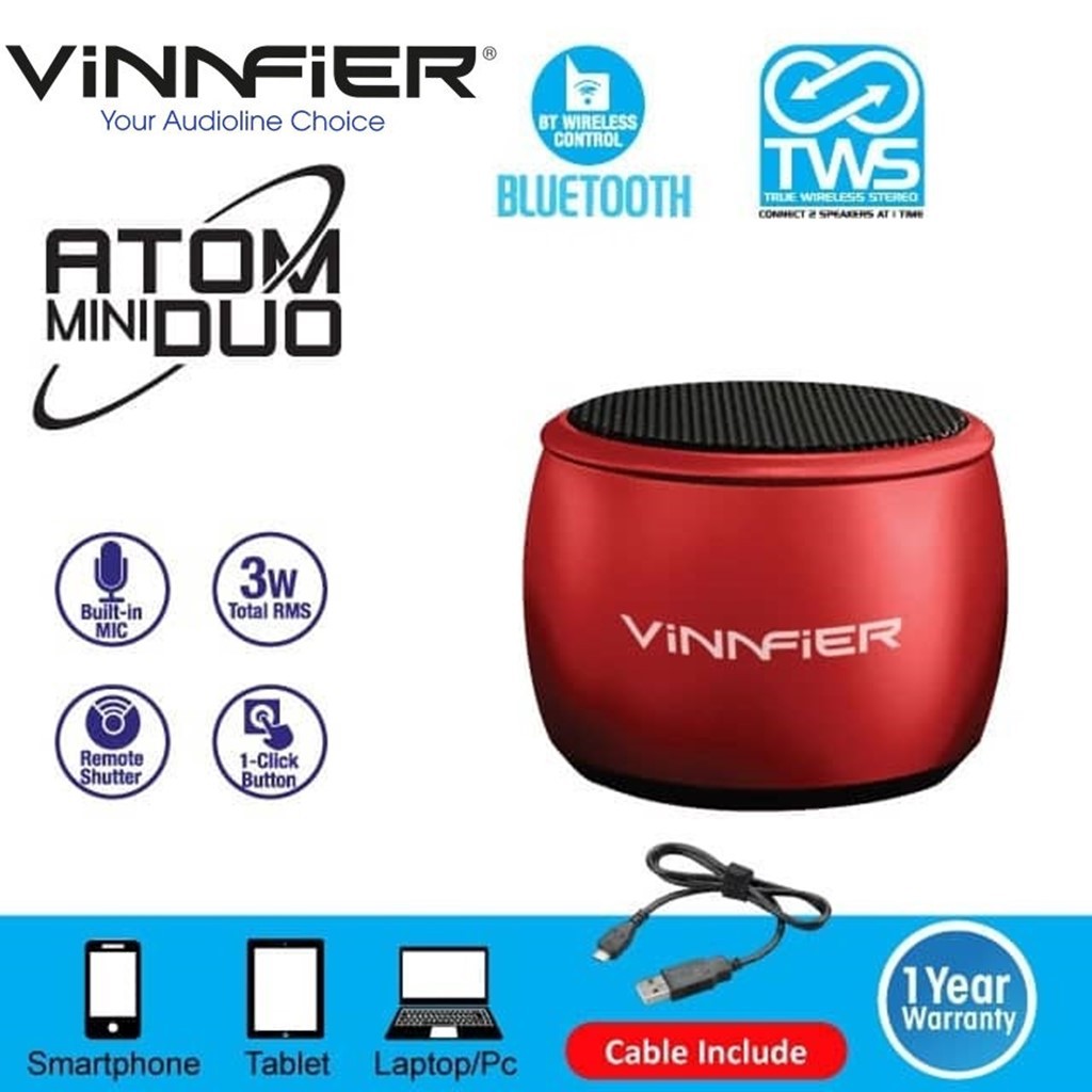 VINNFIER Atom Mini Duo Portable Speaker with Bluetooth Duo Pairing Wireless Stereo Technology Microp