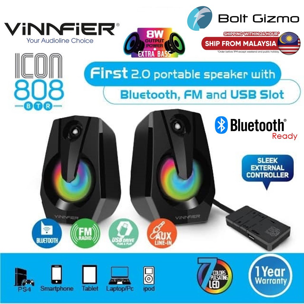 VINNFIER Icon 808 BTR USB Powered Speaker with 7 Modes LED Lights Bluetooth FM Radio USB Card Slot A