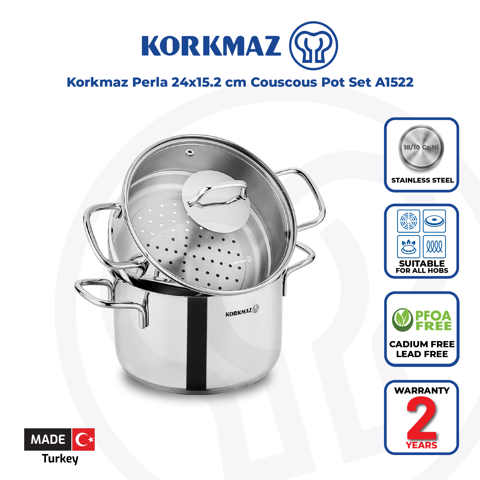 Korkmaz Perla Stainless Steel Steamer / Couscous Cookware Set with Lid - 24x15.2cm, Induction Compat