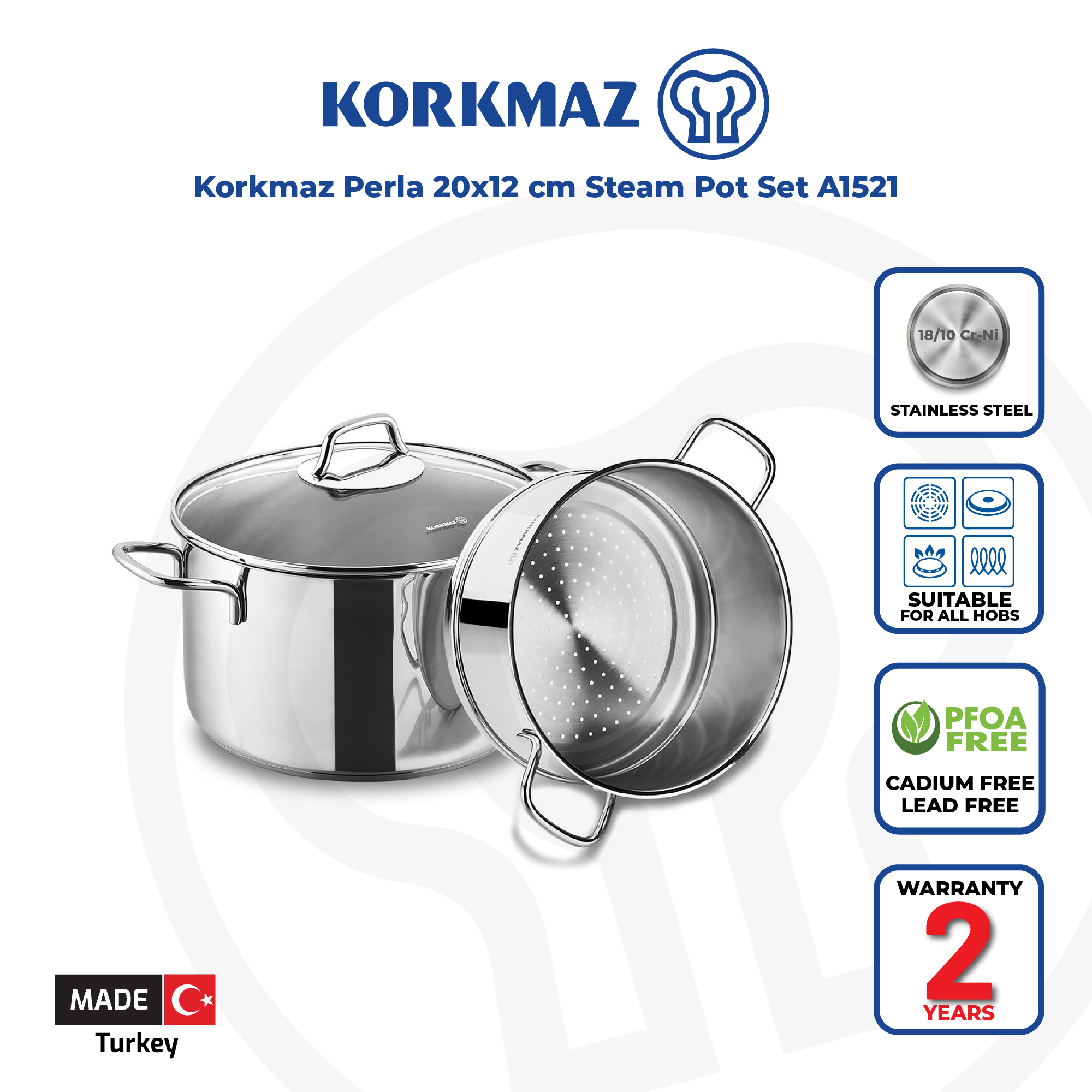 Korkmaz Perla Stainless Steel Steamer / Couscous Cookware Set with Lid - 24x15.2cm, Induction Compat