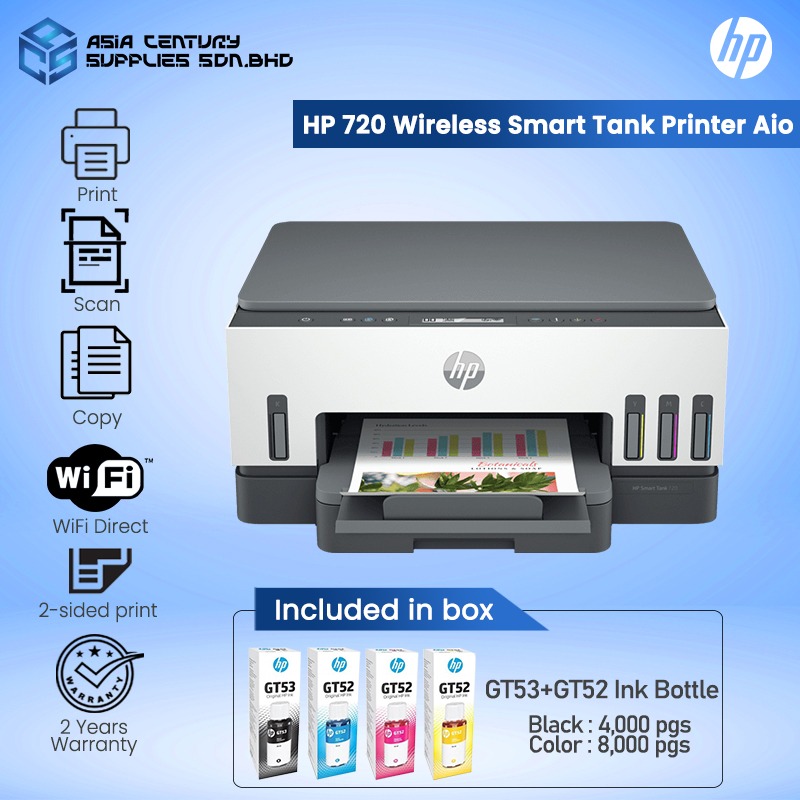 HP Smart Tank 720 (6UU46A) / Print Scan Copy Wireless Borderless Double Side Printing / HP GT53 GT52