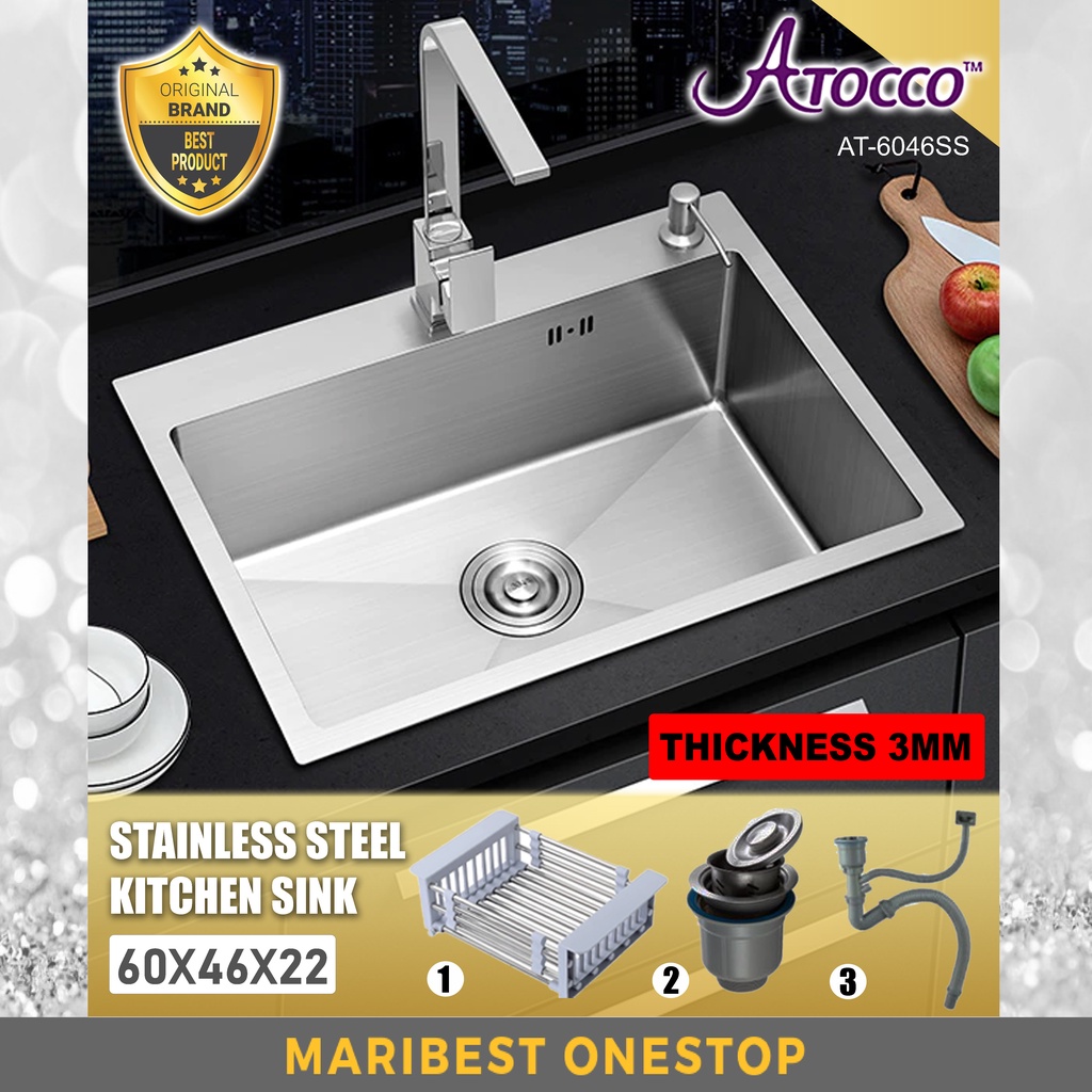 AT-6046SS Sink Bowl Single Bowl Sinki Dapur Kitchen Sink Combo Top Mounted Stainless Steel 304 Mater