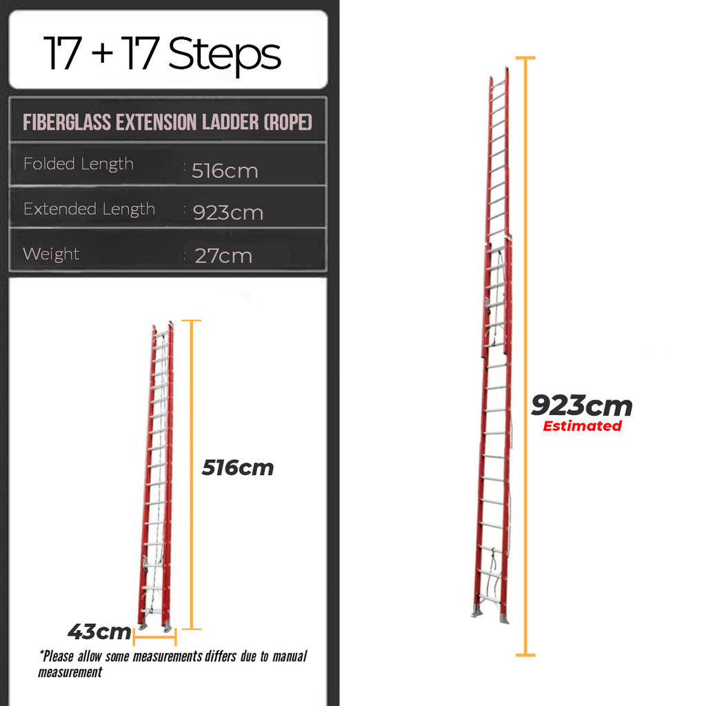9.2M 30Feet 34Steps Double Extension Fiberglass Telescopic Ladder Roped Operated Multi Purpose Folda