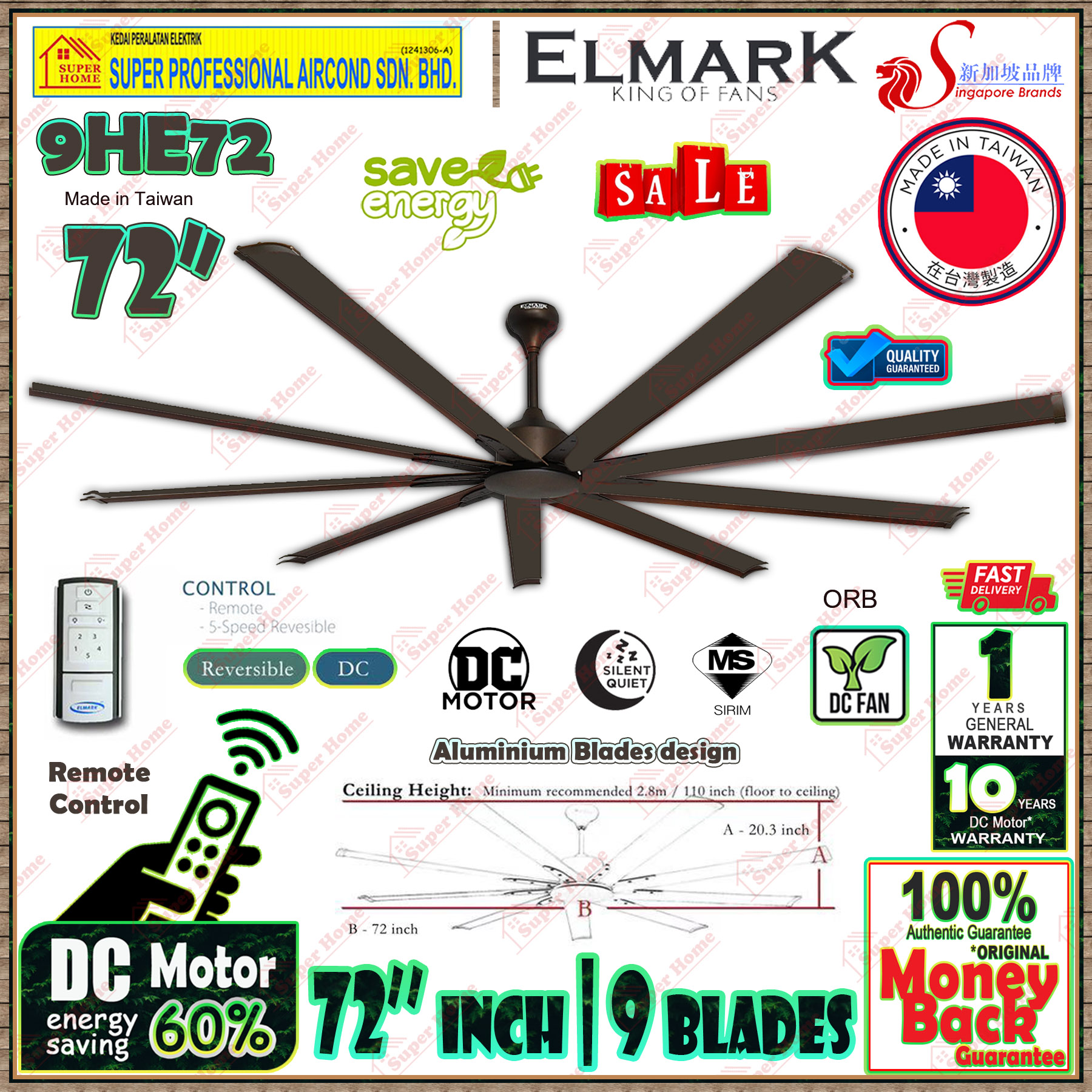 Elmark DC Fan 9HE72 ORB 72 inch Remote Control Ceiling Fan (Silent DC Motor) 9-Aluminium blades